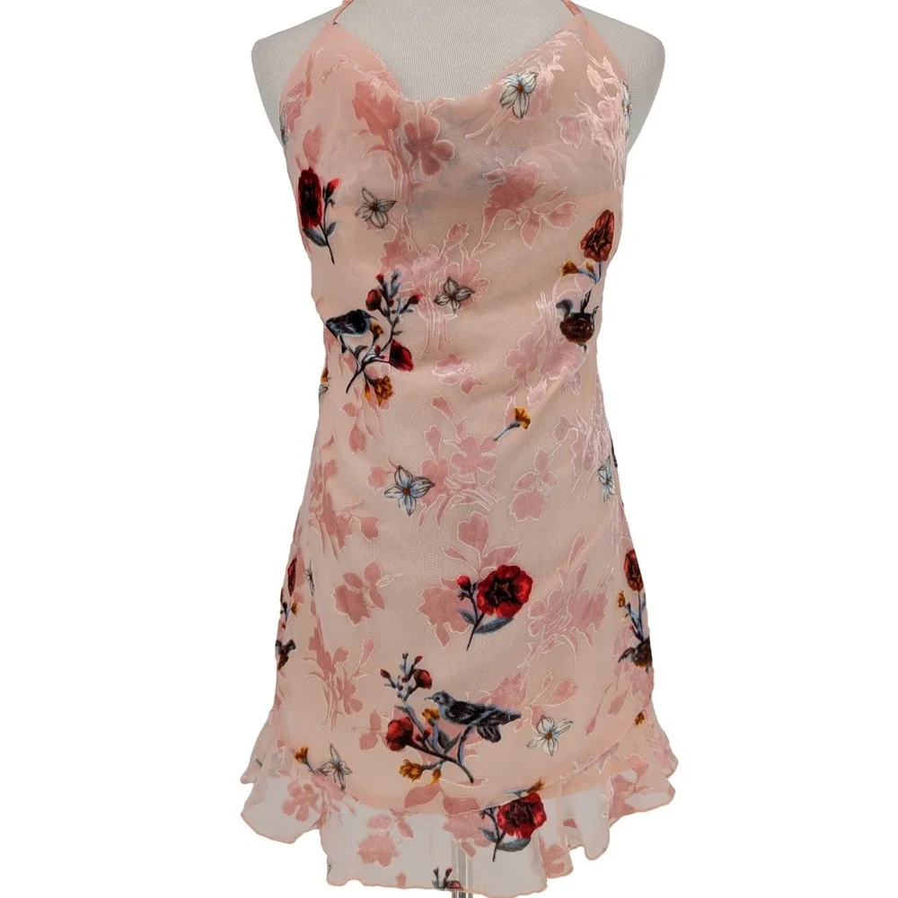 Beginning Boutique Floral Burnt Out Velvet Mini Dress 6 Pink Coquette Fairycore‎